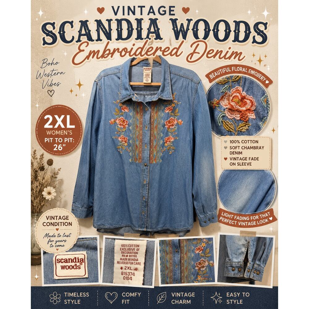 Vintage Scandia Woods 2XL Embroidered Denim Shirt Floral Boho Western
